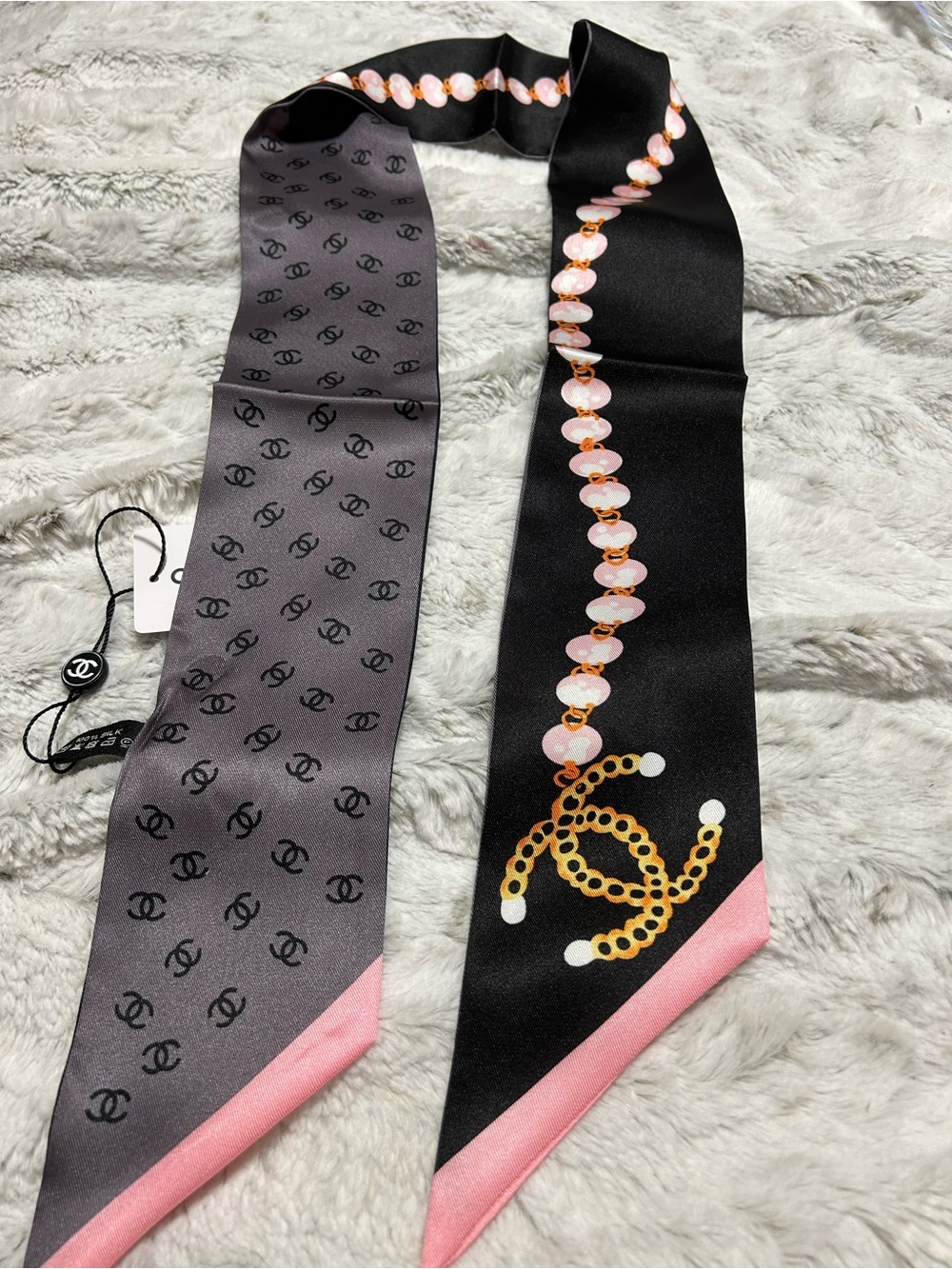 Double C Black  & Gray Silk Twilly Scarf with Pink Accents